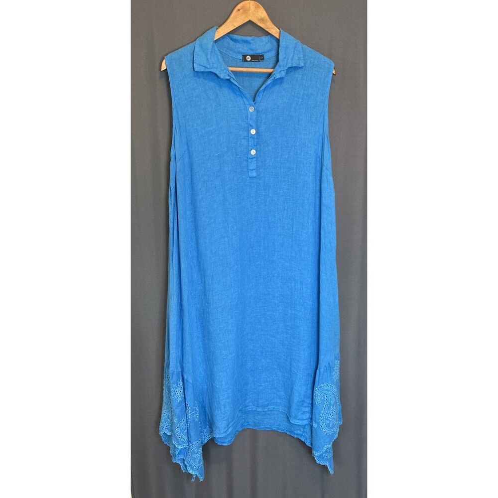 Made in Italy Linen Sleeveless Maxi Dress Large Blue Eyelet Paisley Asymmetric